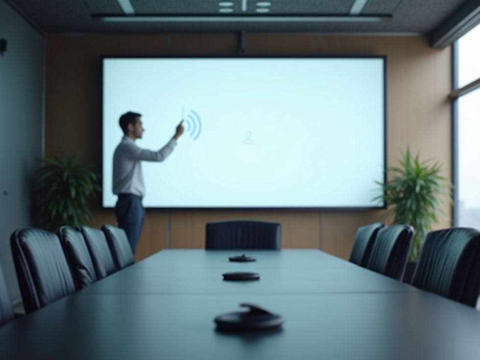 A man interacts with a large screen in a modern conference room. The table is empty, flanked by chairs. Natural light and plants soften the space.