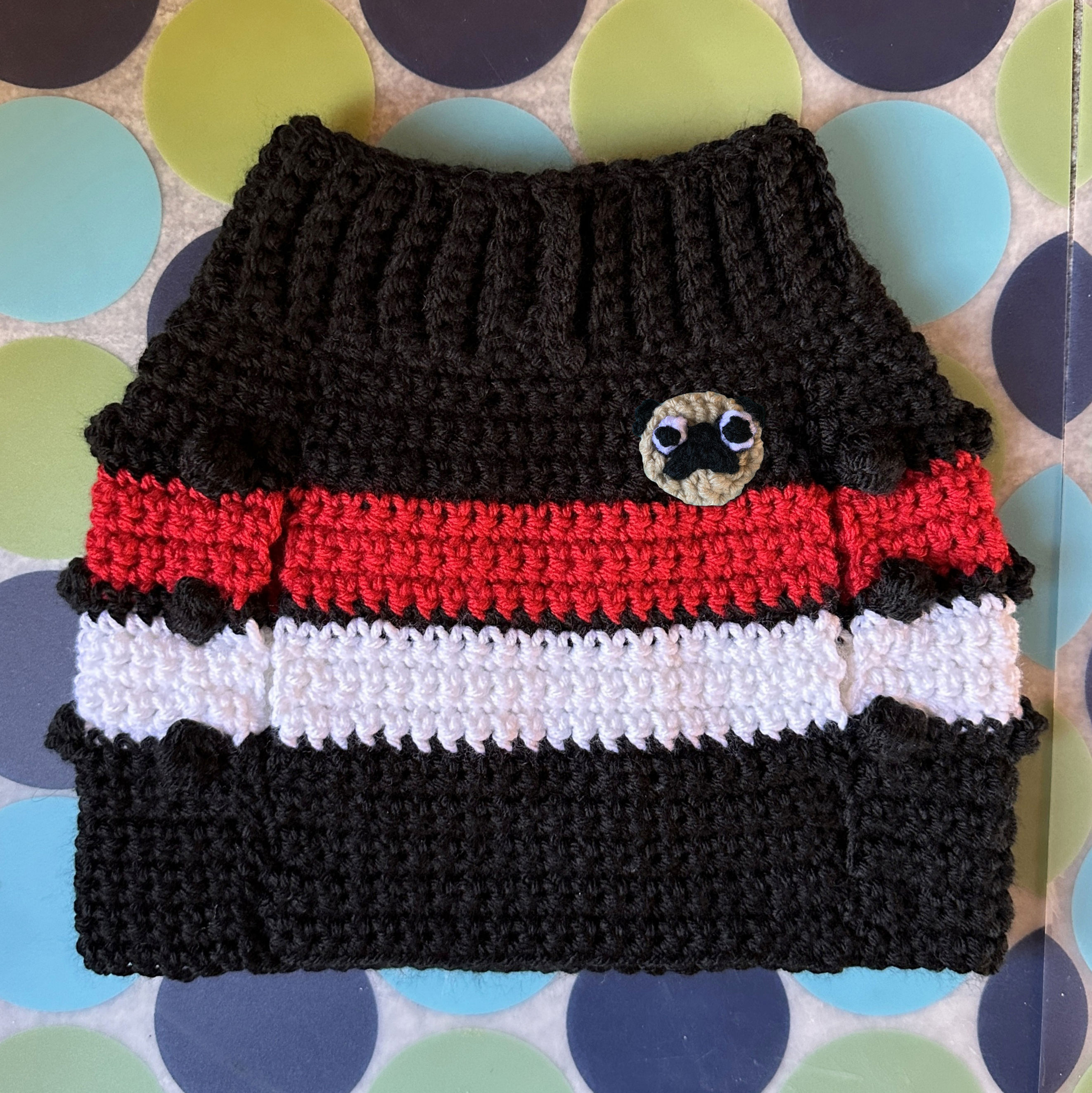 Size M - Dog Sweater Vest - Fawn Pug Badge - Rugby Stripe - Red & W