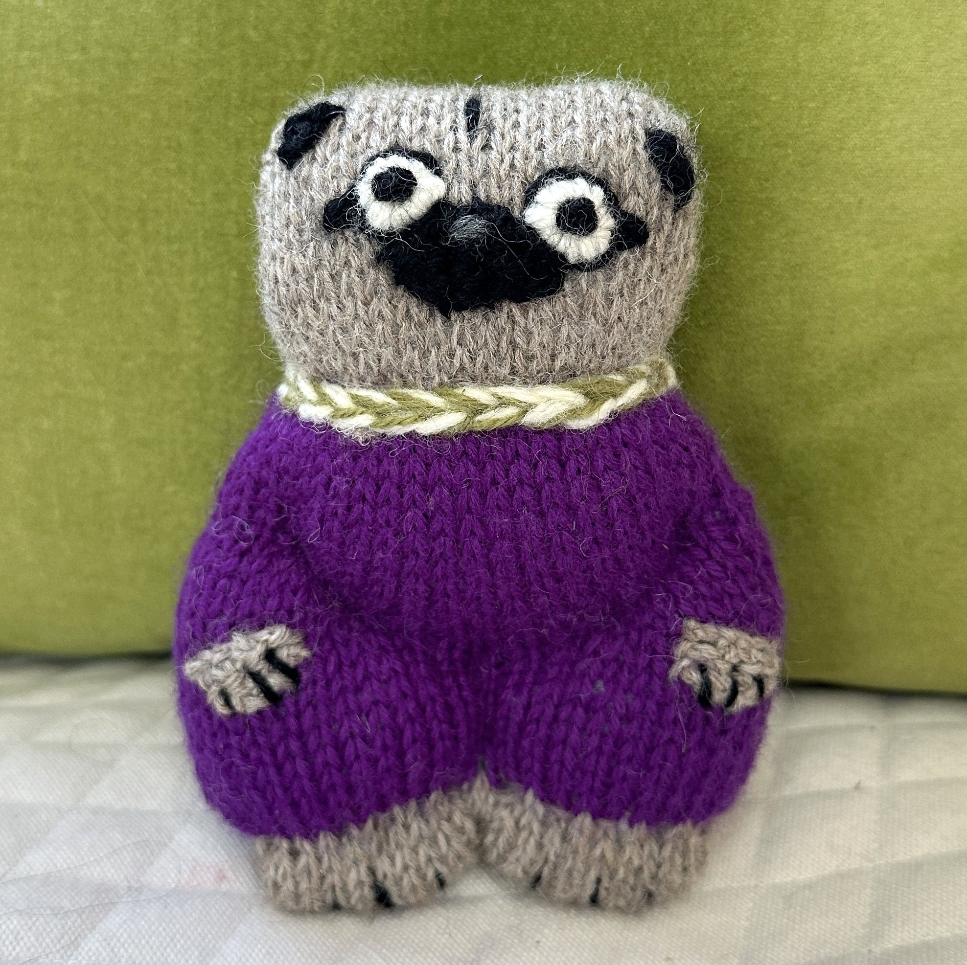 Pug Woolie ~ Knitted Art Doll - Eggplant