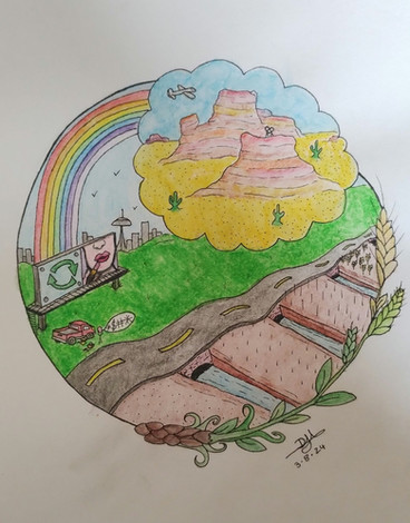 An aura graph drawing with a road, field, rainbow and thought bubble