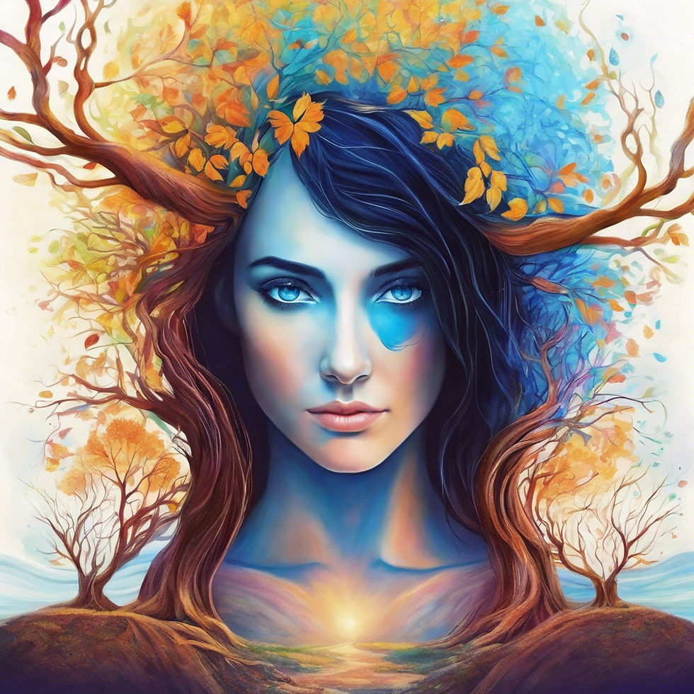 create an image of abstract myself i have dark hair and blue eyes head shot that will go w