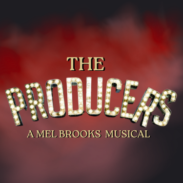 The Producers musical logo in illuminated marquee letters against a red and black background.