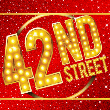 42nd Street logo in illuminated gold marquee letters on a red glitter background.