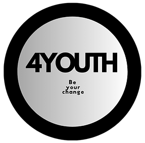  A logo with a Black thick circle with grey background with 4YOUTH be your change in the middle.