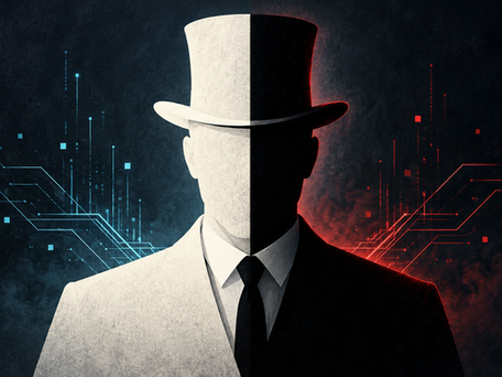 Symbolic cybersecurity illustration of a man in a top hat split into white and black halves, with cyan and red digital traces.