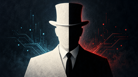 Symbolic cybersecurity illustration of a man in a top hat split into white and black halves, with cyan and red digital traces.