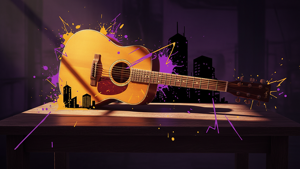 Eye-level view of acoustic guitar resting on a wooden table