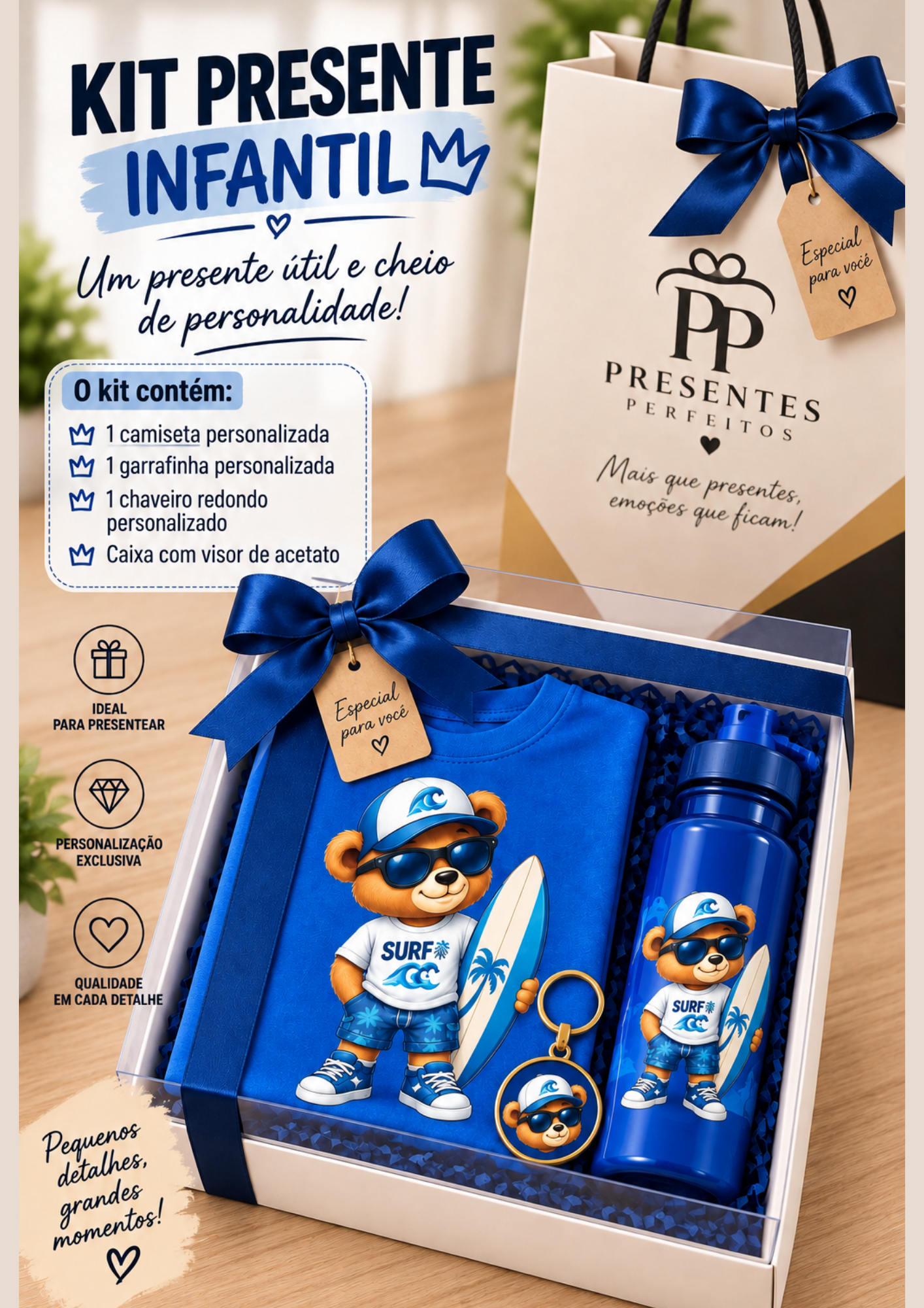 ✨ Kit Presente Infantil – Camiseta, Garrafa e Chaveiro