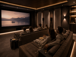 Family and friends watching a movie in the private cinema at The One Villa Crete
