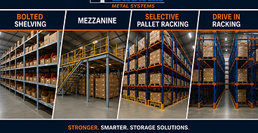 storage comparison image for bolted shelving, mezzanine, selective pallet racking, drive in racking