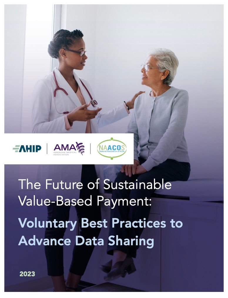 A copy of a poster with a female doctor and patient about the future of sustainable value-based payments.
