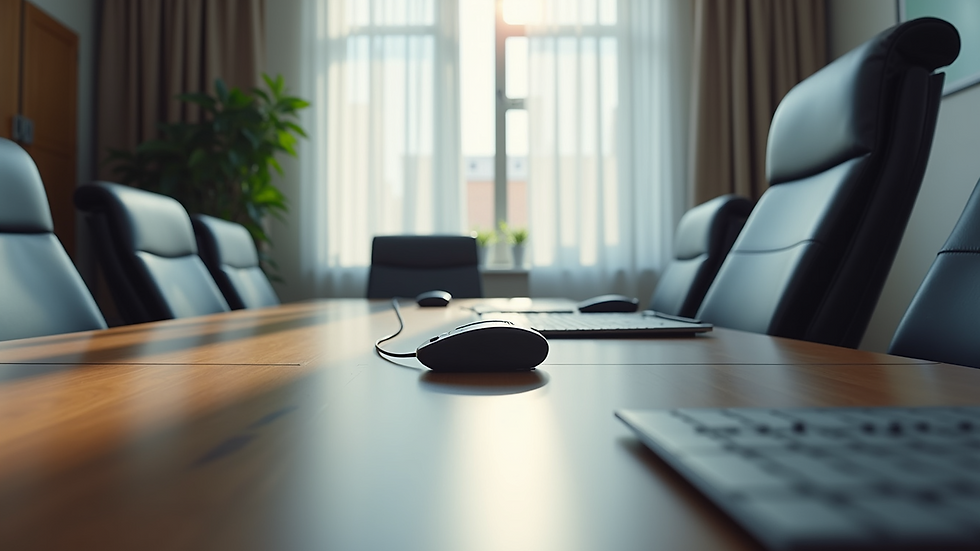 High angle view of a meeting room with accessible communication tools on the table