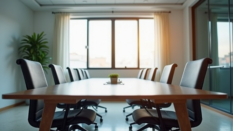 Eye-level view of a modern office meeting room with empty chairs around a table