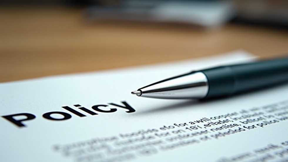 Close-up view of a policy document with a pen on a wooden desk