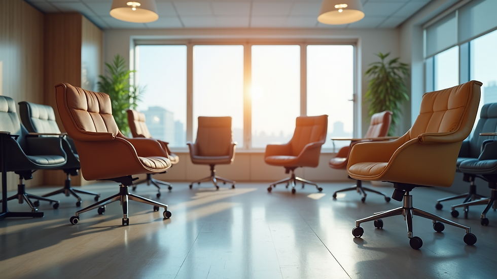 Eye-level view of a modern office meeting room with diverse chairs