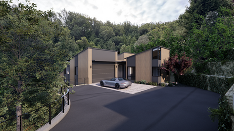 Front exterior of the Kennedy Residence in Mill Valley, California showing modern wood-clad architecture and hillside setting.