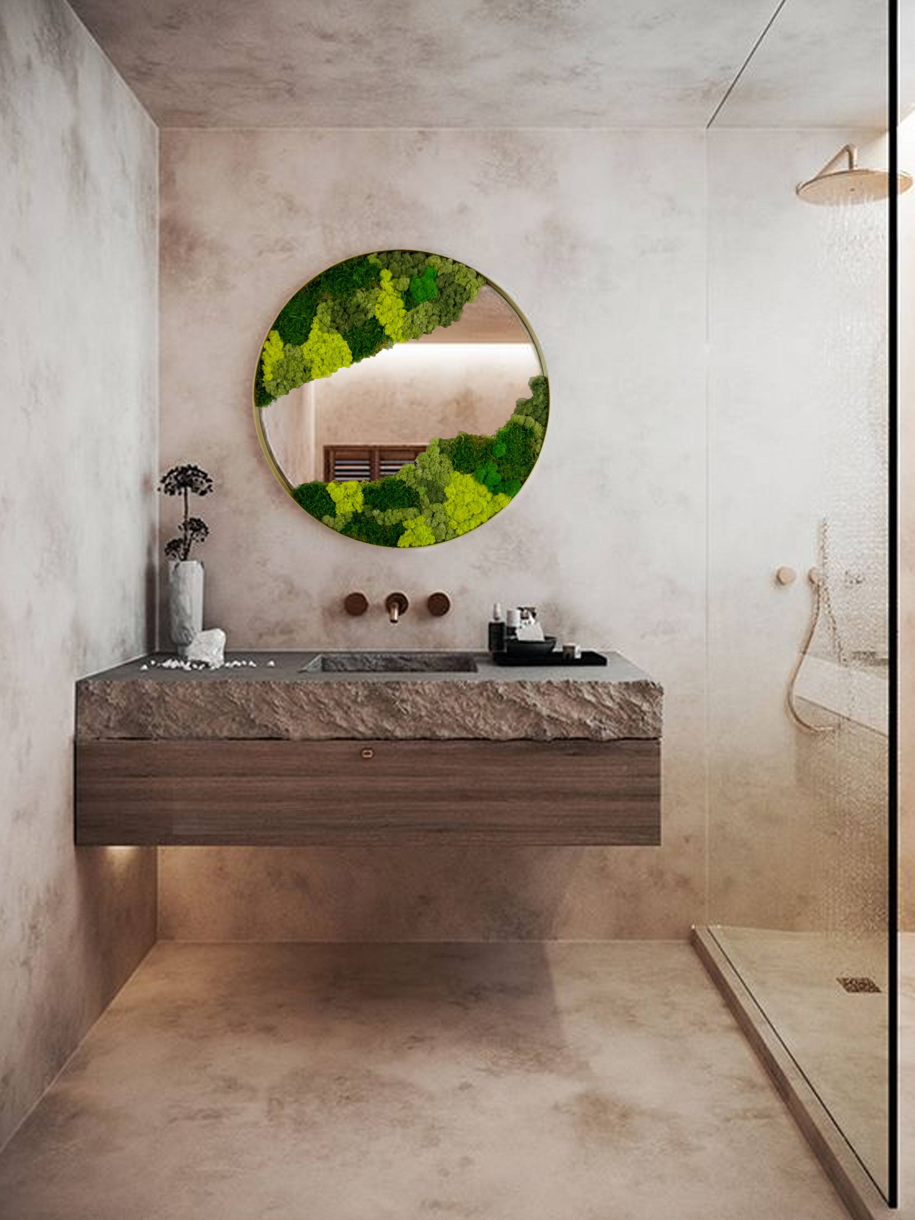 Дзеркало кругле зі стабілізованим мохом у металевій рамі