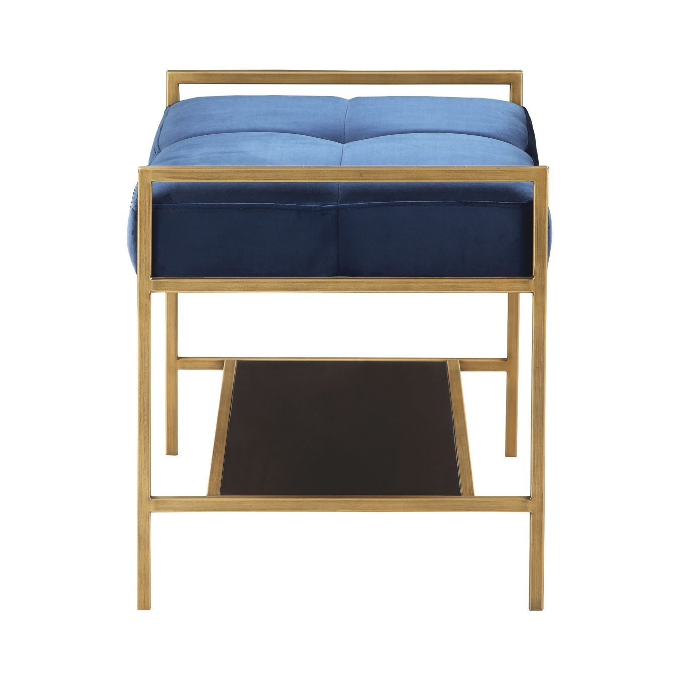 Navy Blue Velvet Upholstered Accent Bench with Shelf in Gold