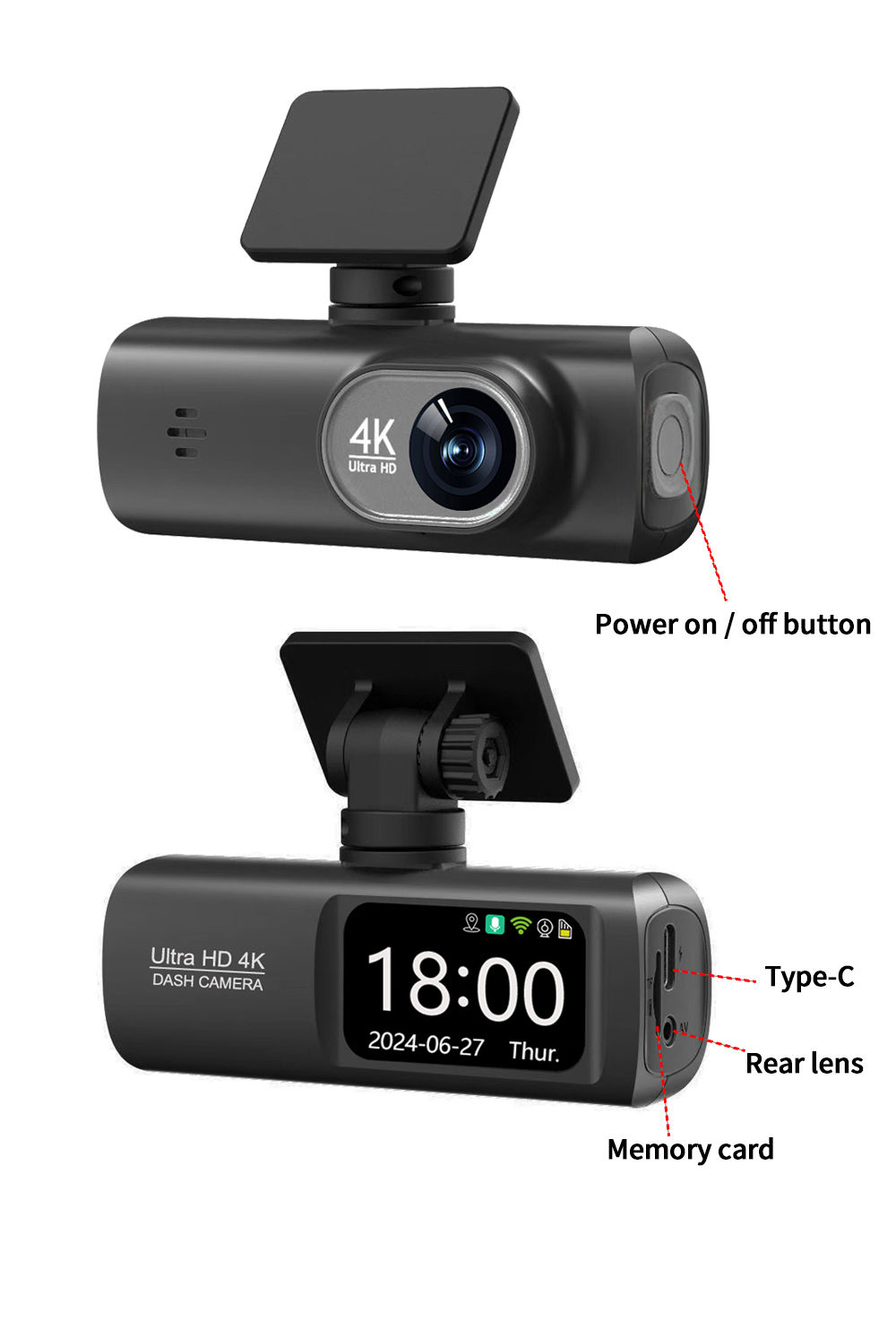 UHD 4K Dual Lens Dash Cam – Car DVR with 1080P Rear Camera