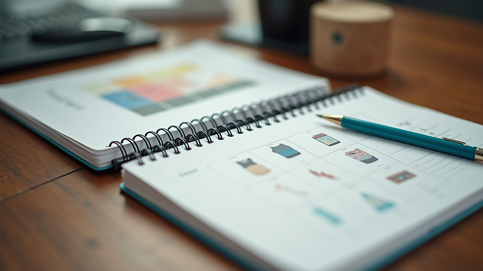 High angle view of a desk with product samples and a notebook for planning
