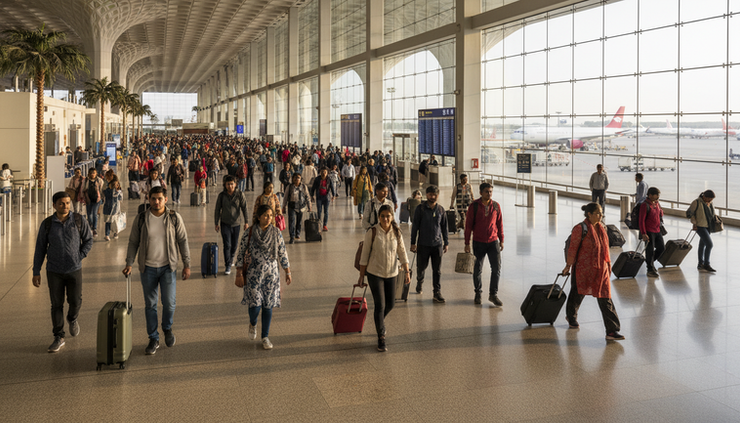 Wide-angle view of Indian travellers walking through an airport departure area with suitcases.