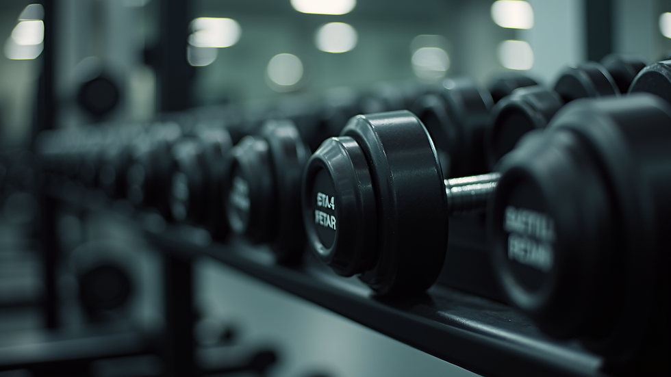 Close-up view of heavy dumbbells arranged in a gym rack