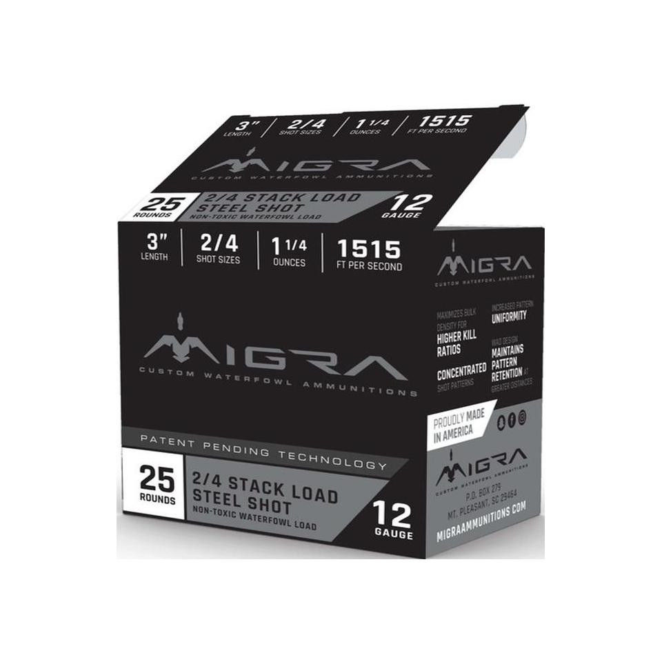 Migra | 250 rds.  | 12 GA 3 Inch Steel Shot -Staxd Load 2-4 SHOT 1.25 Ounces 25