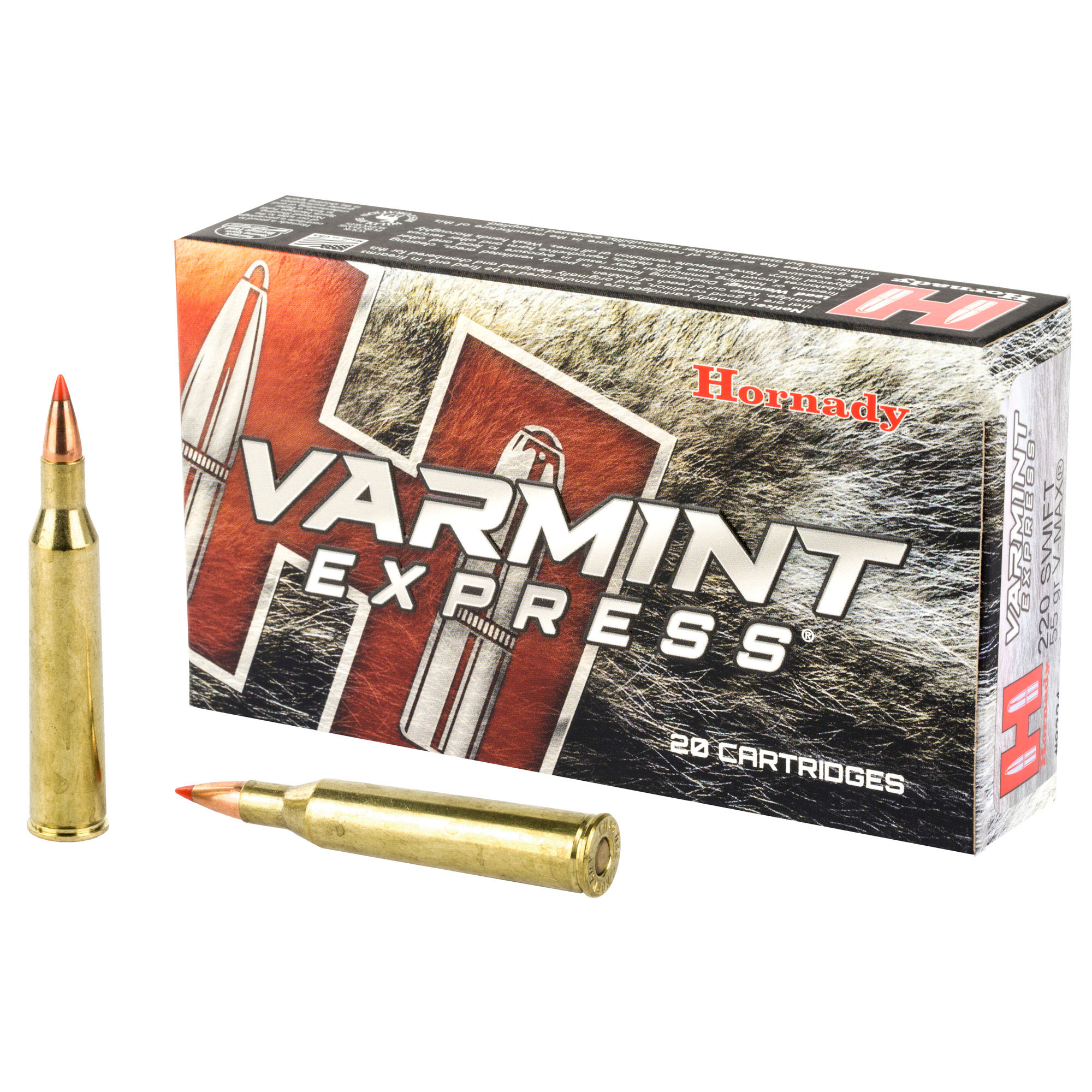 Hornady | $39.46/box | V Max | 220 Swift | 55 gr | 10x20/ct