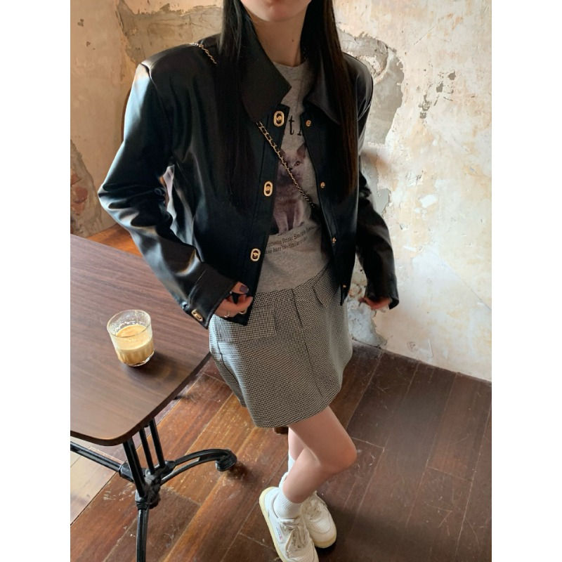 Thumbnail: Black Motorcycle Jacket Leather Coat Women's 2025 Retro Fashion Top