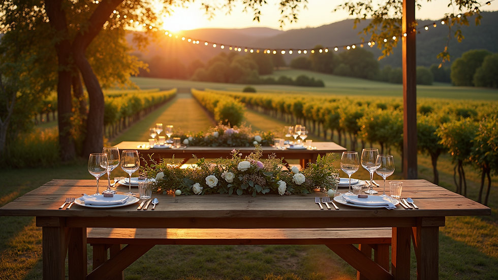 High angle view of a rustic vineyard wedding setup with wooden tables and string lights