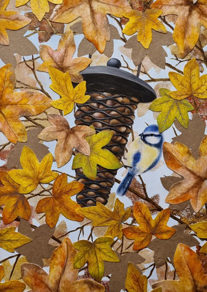 Blue Tit & Autumn Leaves, collage, UK birds art
