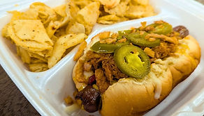 smokehouse hot dog with cracked pepper chips