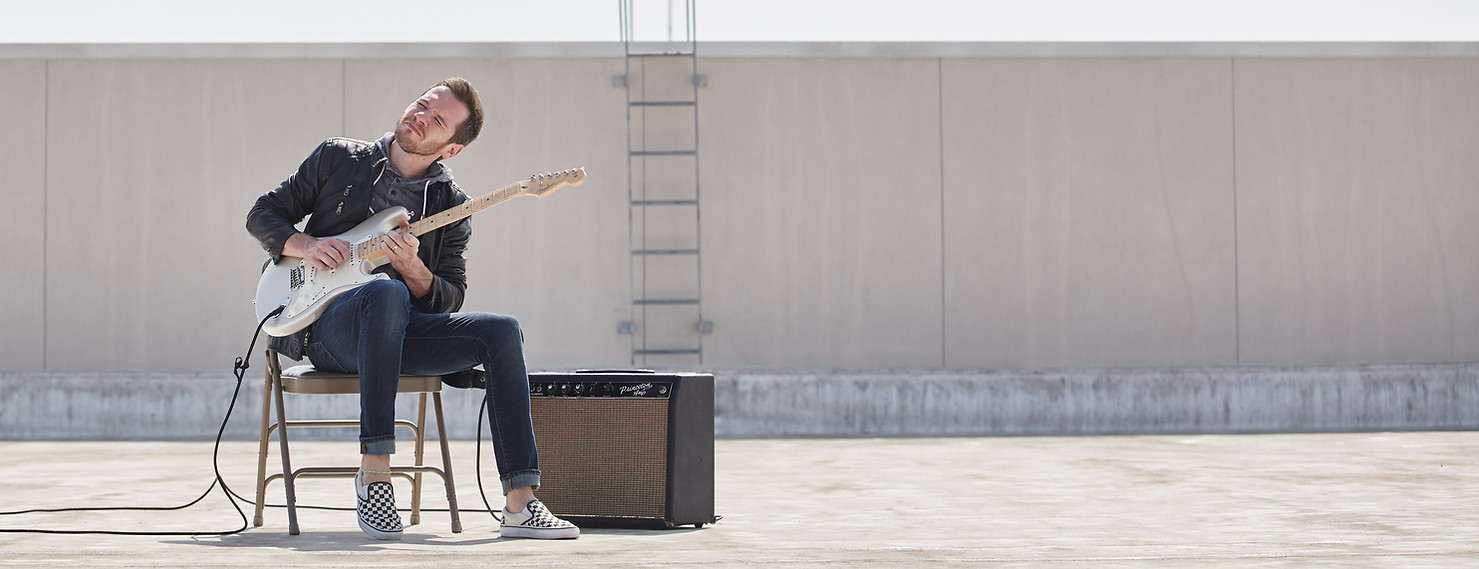 Blake Wrinn, Nashville session guitarist, Fender guitars Stratocaster, D'Addario strings, Vans Shoes, Fender amplifiers 1965 blackface princeton amp, rooftop, leather jacket, recording guitar.