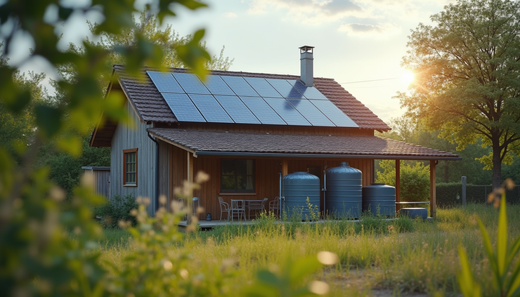 Eye-level view of a solar panel array and rainwater collection system in a rural backyard