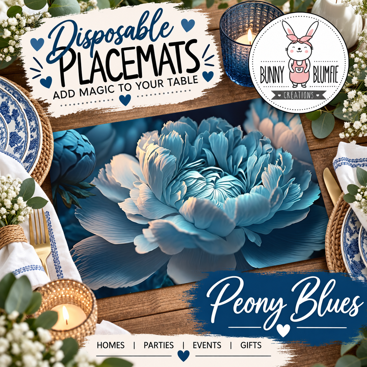 DISPOSABLE PLACEMATS - Peony Blues