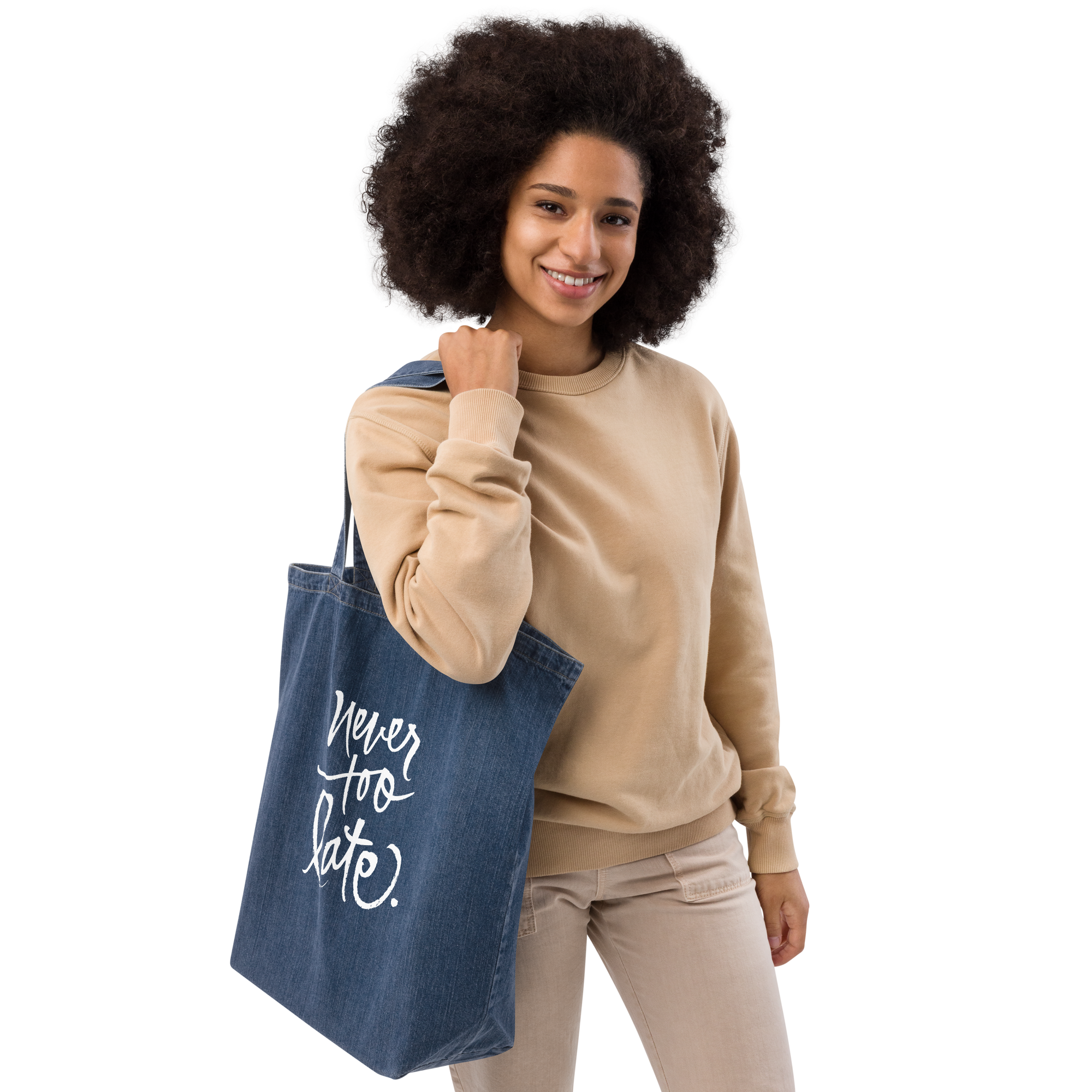 Never Too Late Organic denim tote bag