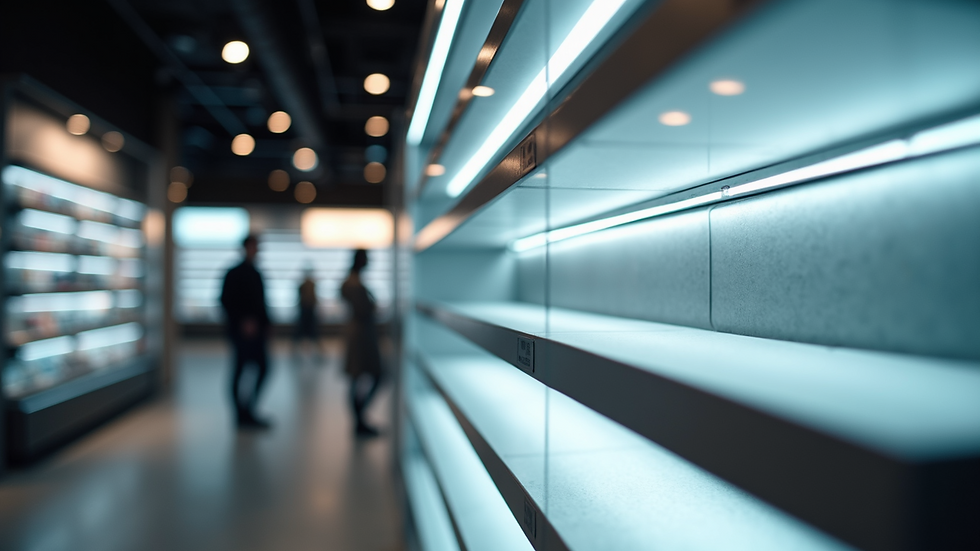 High angle view of a retail display with LED lighting and acrylic shelves
