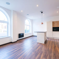 Modern apartment interior: open-plan living and kitchen