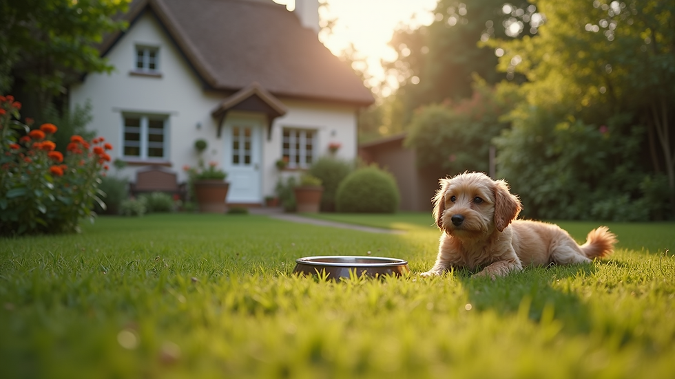 Eye-level view of a cosy cottage garden with a dog bowl