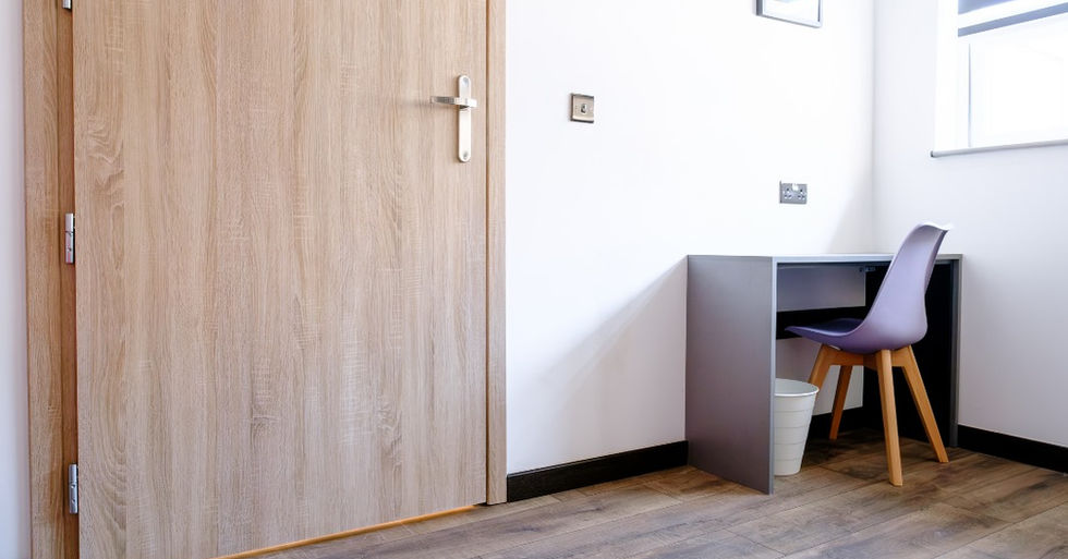 Light room with desk, chair, and rug