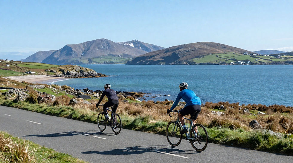 Two cyclists on a scenic North Wales coastal lane with sea views