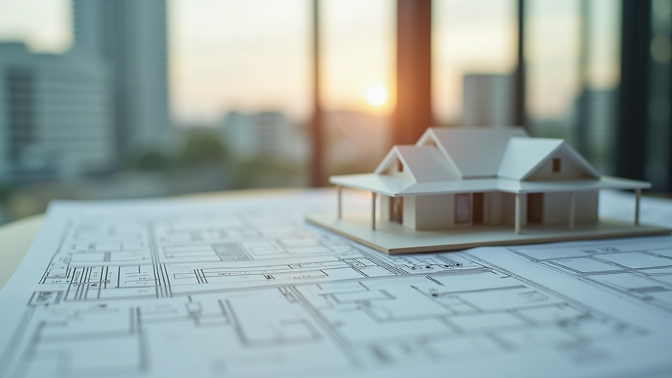 Close-up view of architectural blueprints and a scale model of a building