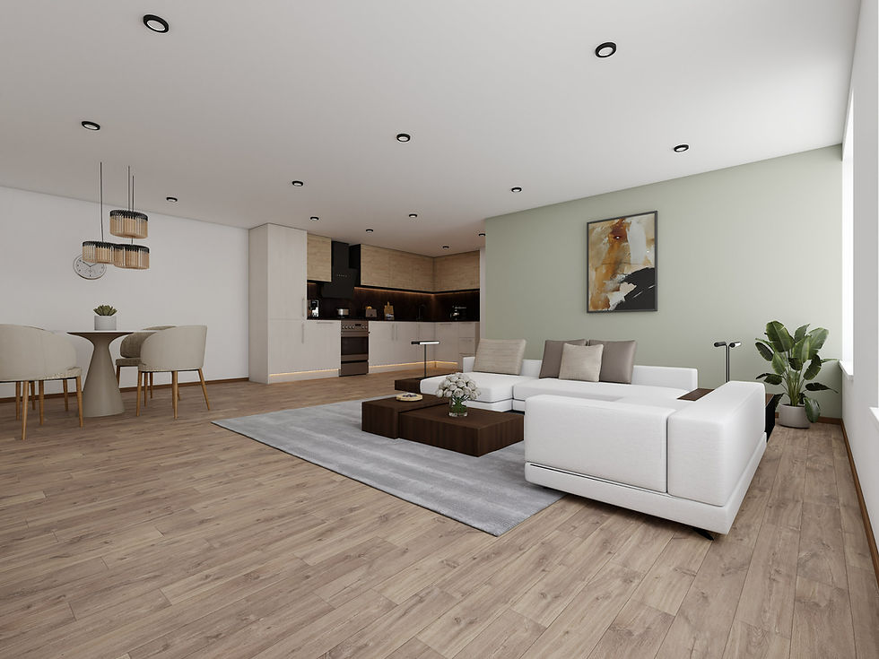 modern living space with multiple zones. The photo includes a dining area, a living room with a white sectional sofa, a built-in kitchen in the background, and hardwood flooring.