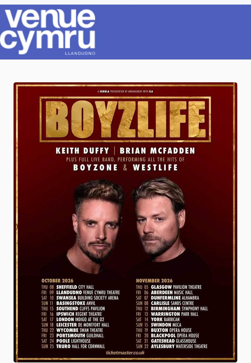 Boyzlife concert poster with Keith Duffy and Brian McFadden, Venue Cymru Llandudno logo, maroon-and-gold tour dates listed by Llandudno Great Escapes.