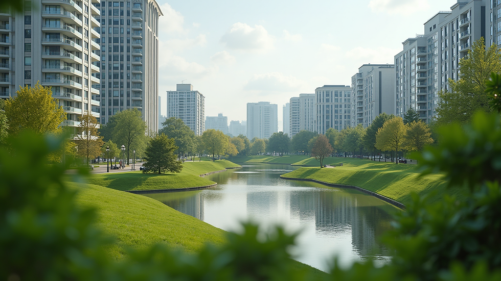 Wide angle view of a scenic urban landscape with parks and buildings