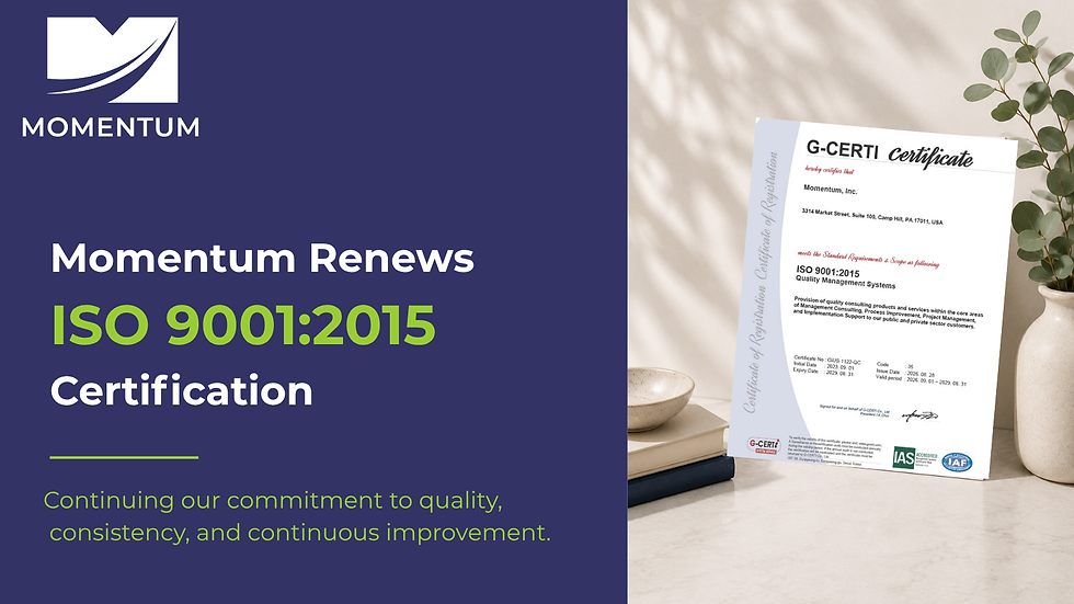 Momentum, Inc. ISO 9001:2015 certification renewal announcement featuring the renewed quality management system certificate