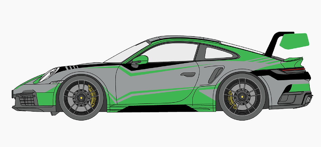 Side profile car wrap design for Porsche race car