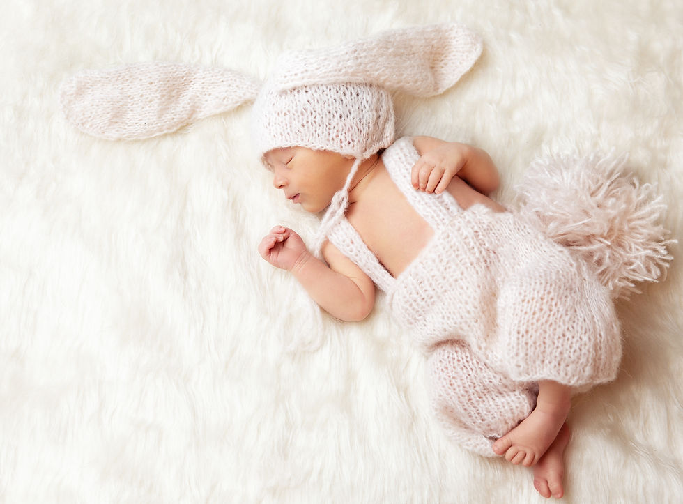 Cute Newborn sleeping on Blanket. New Born Baby in Rabbit Hat with Ears