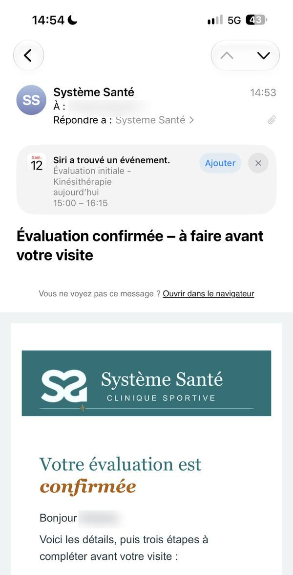 Courriel ouvert sur iPhone avec le bandeau Siri a trouvé un événement et le bouton Ajouter