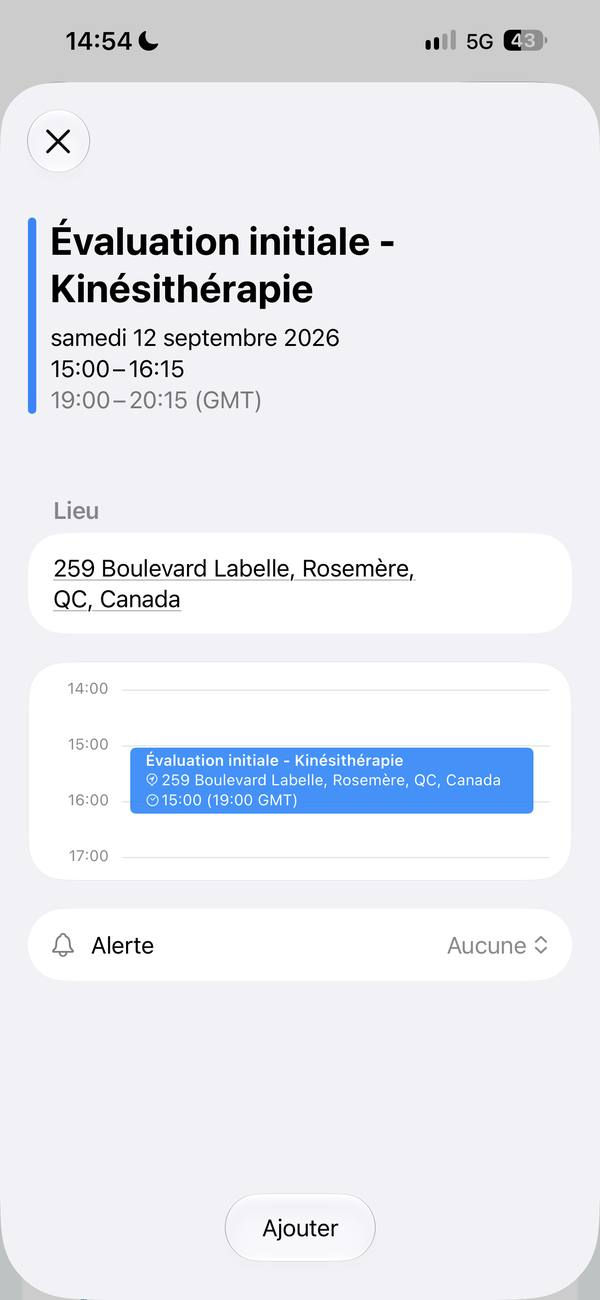 Aperçu de la pièce jointe d'agenda : titre du rendez-vous, date, heure, lieu et bouton Ajouter
